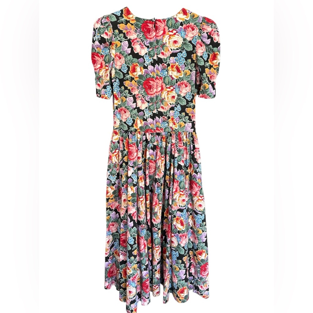 Vintage Robbie Bee Floral Cotton Dress Black Multicolor Button Front Cottagecore